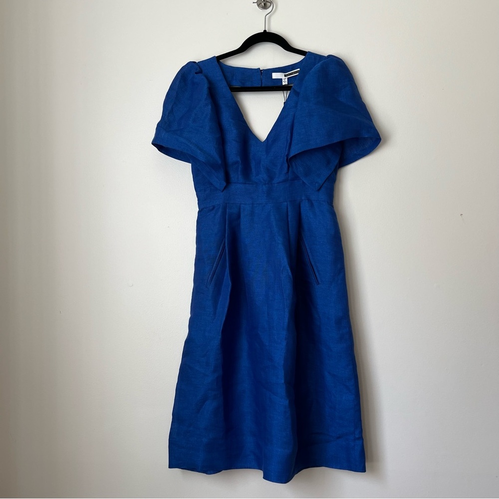 NWT Tracy Reese Blue Lagoon Linen Blend Puff-Sleeve Open Back Dress, size 4